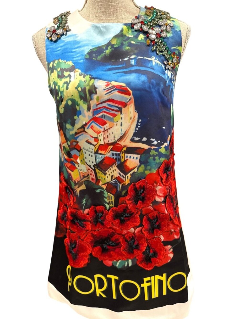 Portofino Inspired Dress W/Crystal & Embroidery Details Multicolor Print Size M